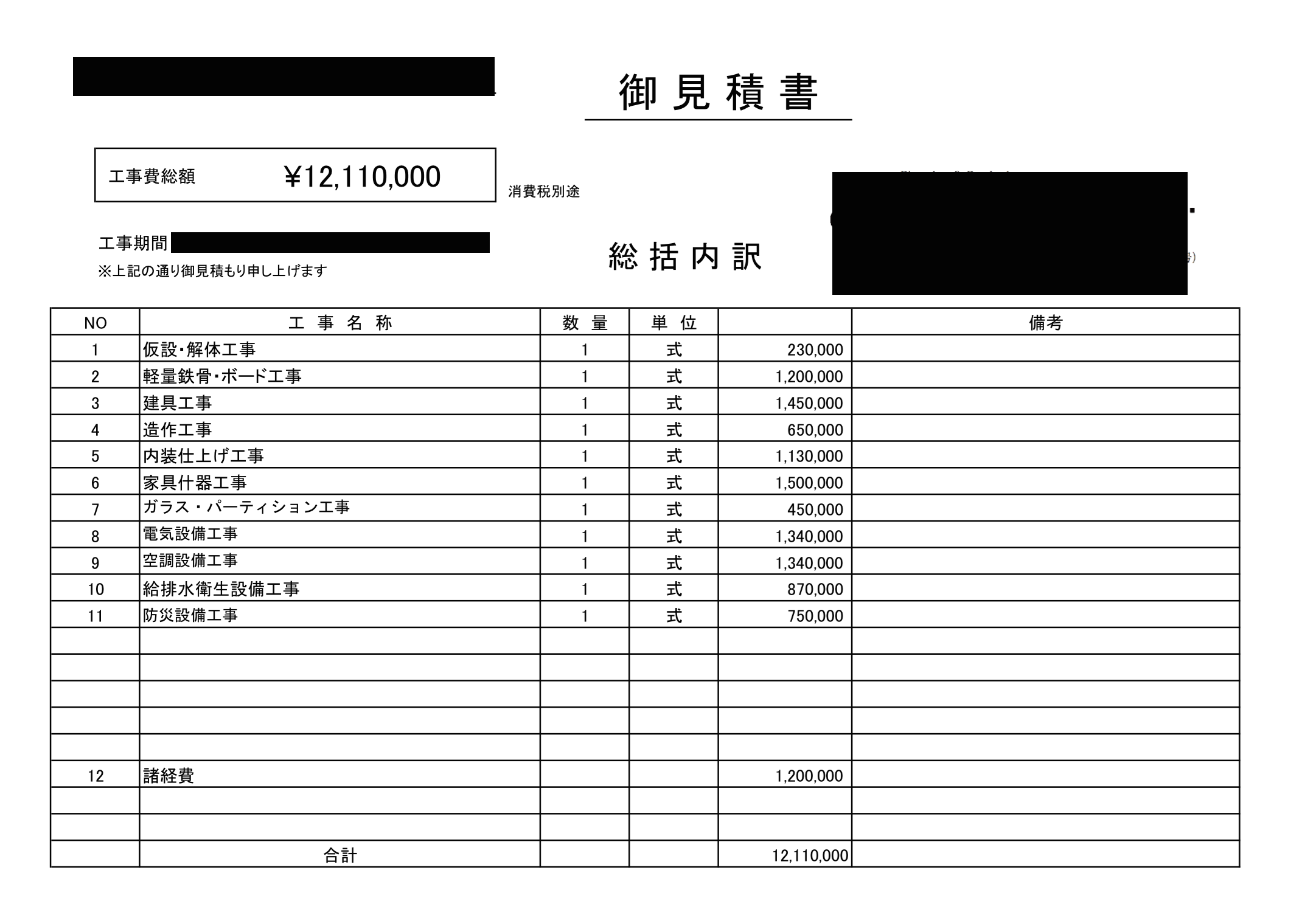 クリニック医院の内装工事見積書